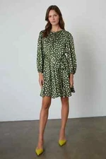 VELVET By Graham & Spencer Kenia Waist Tie Satin Polka Dot Dress Green S $249 E2