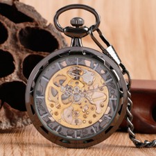 Antique Hand-winding Mechanical Skeleton Pocket Watch Vintage Pendant Chain Gift