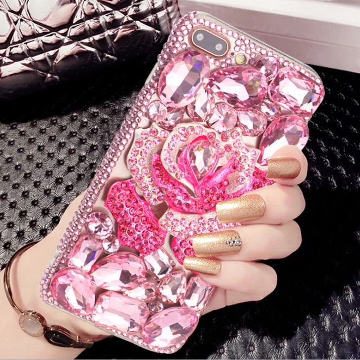 Funda trasera transparente para teléfono con gemas de diamantes de imitación brillantes brillantes con brillo rosa Foto 3 de 4