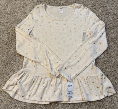OSHKOSH B'GOSH Kids Girls Size 14 Long Sleeved Cream Polka Dot Shirt New NWT