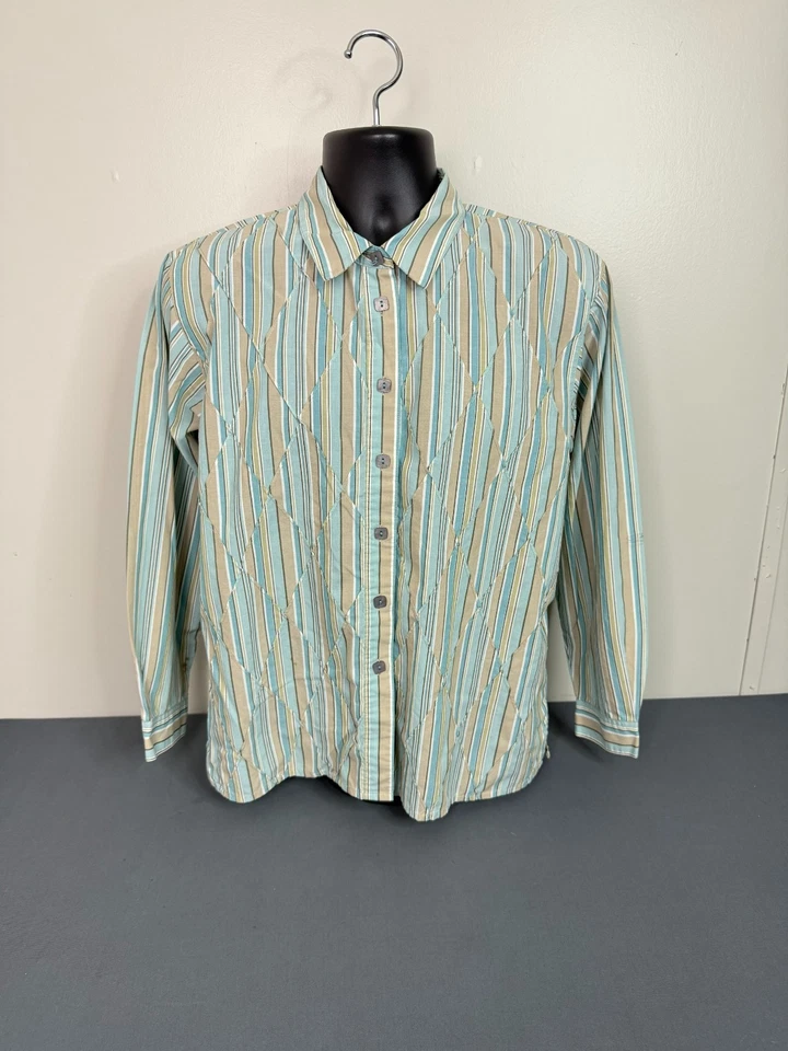 Blusa feminina Napa Valley ocidental listrada frontal com botão verde pequena grande - Imagem 2 de 4