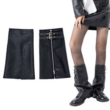 Women Punk Leather Leg Warmer with Eyelet Strap Zippered Y2K Harajuku Leg Sleeve