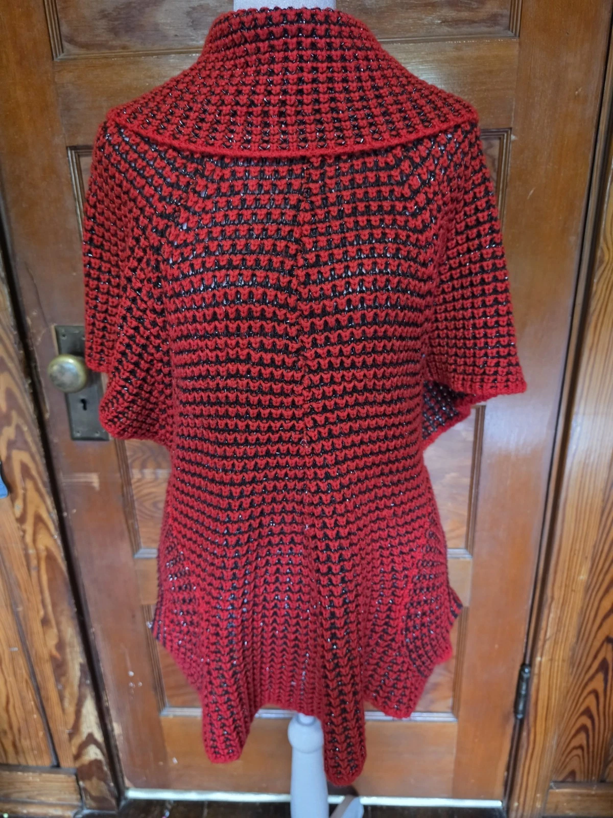 Red and Black Crocheted Sweater Poncho with a Textured Design Women's XL