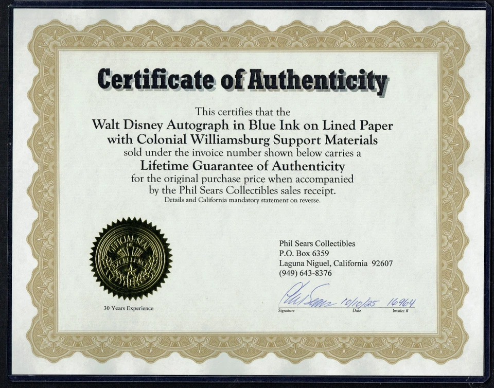 Autógrafo de Walt Disney d1966 2,5x4 firmado en 1966 con certificado de autenticidad Phil Sears y PSA losa Foto 3 de 3
