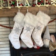 1 White Velveteen Christmas Stocking Silver Snowflake Target Wondershop Beads