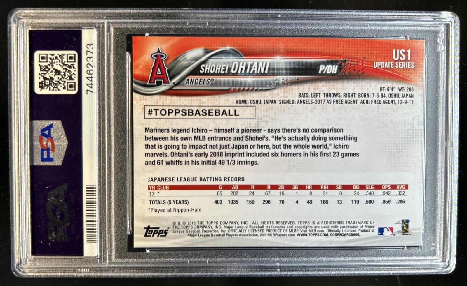 2018 Topps Update Shohei Ohtani RC Rookie #US1a Angels PSA 10 GEM MINT view 2