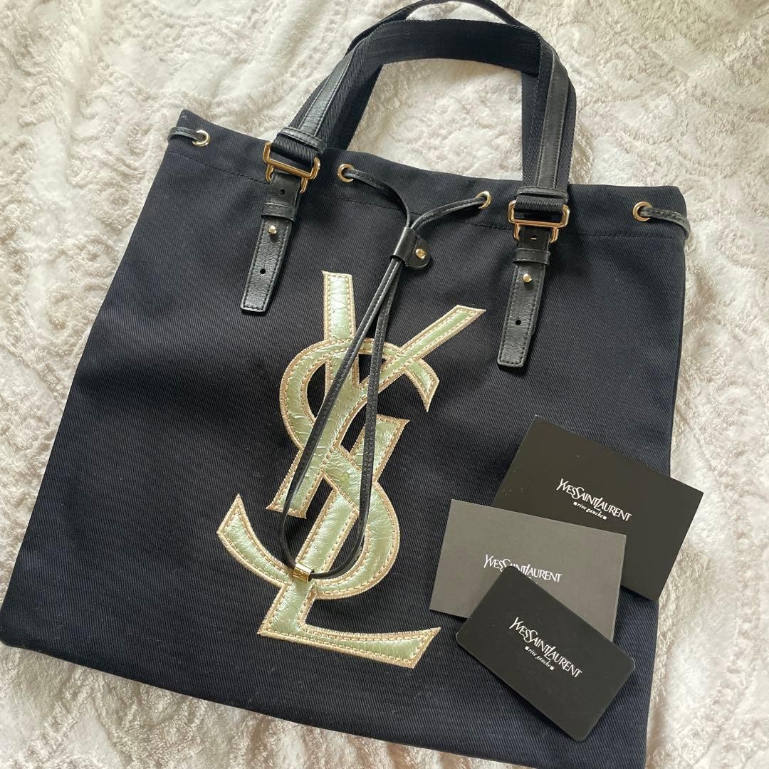 Yves Saint Laurent Kahala Tote Bag Black Canvas Leather Silver Logo Handbag