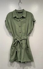 Zara Green Topstitched Romper Women  s Small Belt Button Front Roll Tab Sleeve