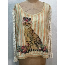 A Rare Bird Cheetah Floral Scoop Neck Striped High Low Hem Top One Size NWT