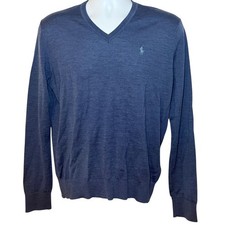 Polo Ralph Lauren Mens M Washable Merino Wool V-Neck Sweater Blue Long Sleeve