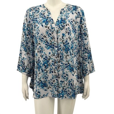 NYDJ Top Womens 1X Blue Floral V-Neck Button Up Spring Lightweight Office Work