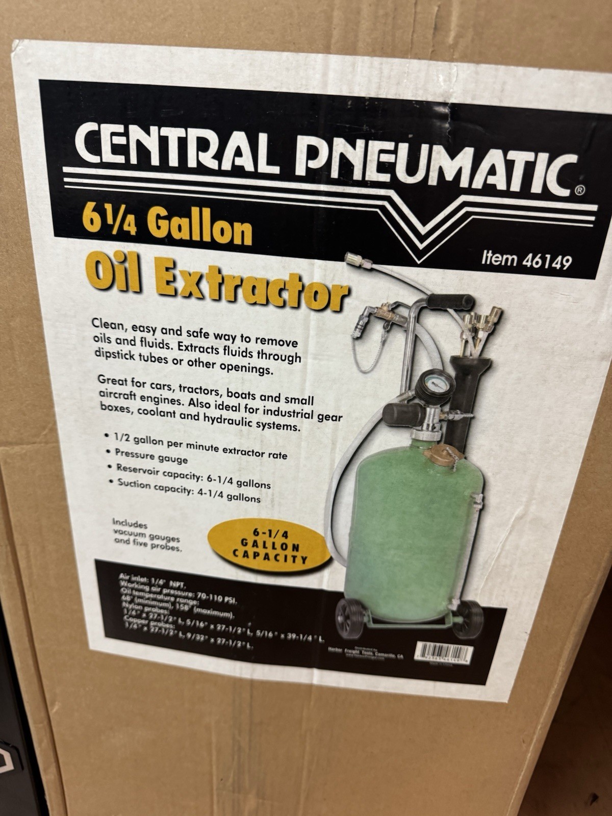 Central Pneumatic 6-1/4 Gallon Oil Extractor Air Powered Flu