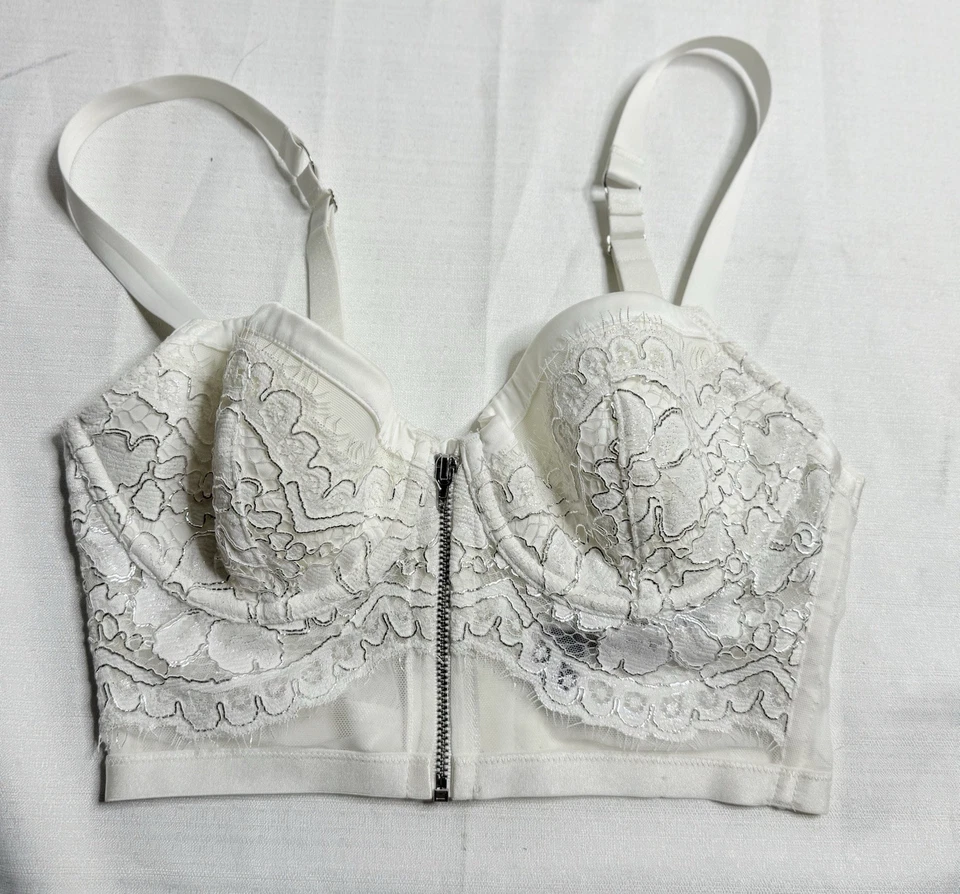 Sujetador Victoria's Secret Blanco Encaje Bustier 34 C Plateado Cremallera Frontal Foto 4 de 4