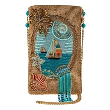 Mary Frances Sail Away Boat Ocean Bead Phone Bag Gold Blue Handbag Zip Purse NEW