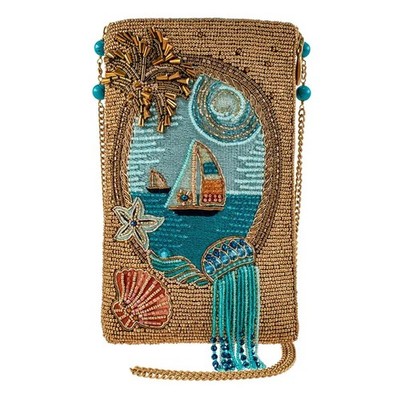 Mary Frances Sail Away Boat Ocean Bead Phone Bag Gold Blue Handbag Zip Purse NEW