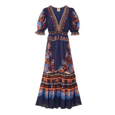 NWT FARM RIO Nature Beauty Blue Short Sleeve Maxi Dress Size L Fall Leaves Print