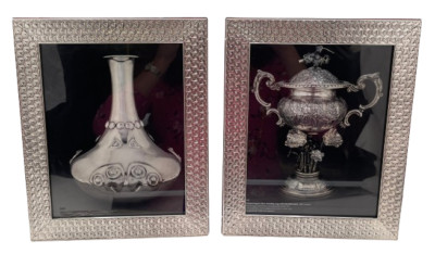 Pair Del Conte Sterling Silver Triangular Weave Style Picture Frames Wood Back