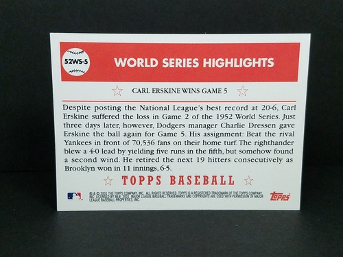 2002 Topps #52WS-5 Carl Erskine Wins Game 5 - 1952 World Series Highlights - Picture 2 of 2