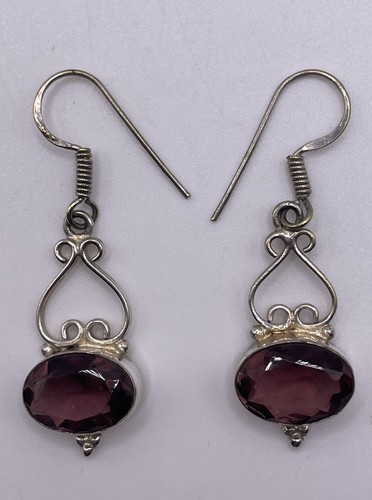 925 Sterling Silver Natural Amethyst Gemstone Drop Dangle Earrings 2” - Picture 3 of 7