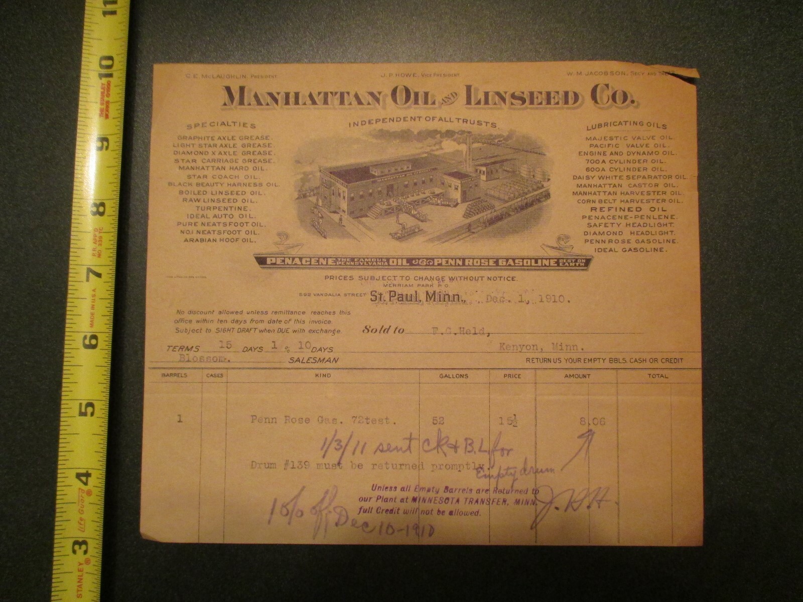Manhattan Oil & Linseed Oil Penacene oil Renn Rose Gasoline 1910