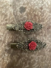  2 Retro Victorian Red Rose Flower Cabochon Bronze Vintage Filigree Hair Clips