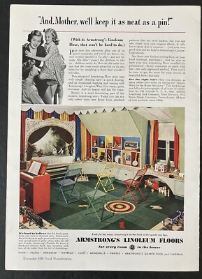1939 Armstrong's Linoleum Floors Children's Playroom Color Vintage Print Ad