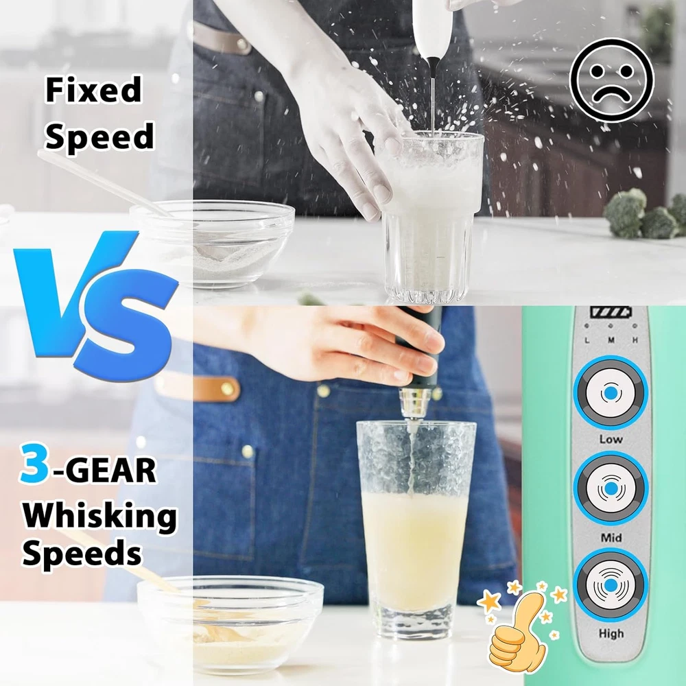 Milk Frother Rechargeable Handheld-Electric Whisk 3 Speed Adjustable, Coffee Fro
