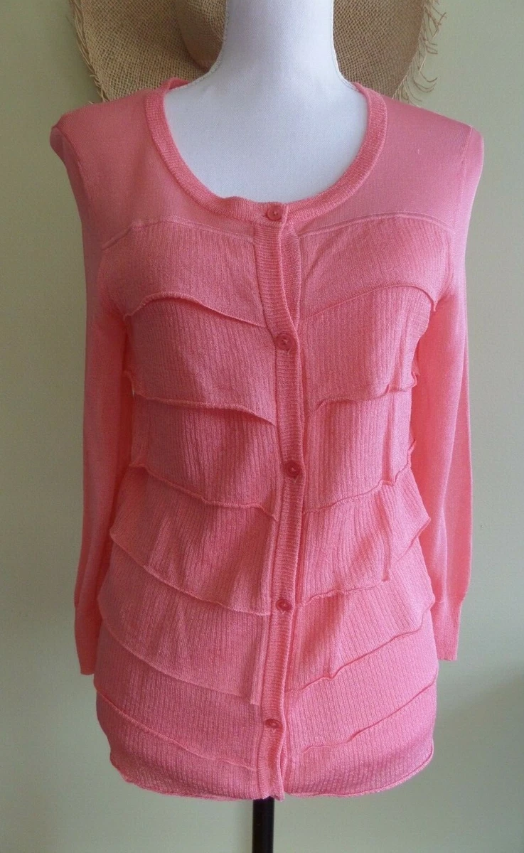TALBOTS Womens Semi Sheer Tiered Ruffle Button Front Salmon