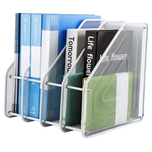 Metal Mesh Magazine File Holder with 4 Vertical Compartments, Desk White