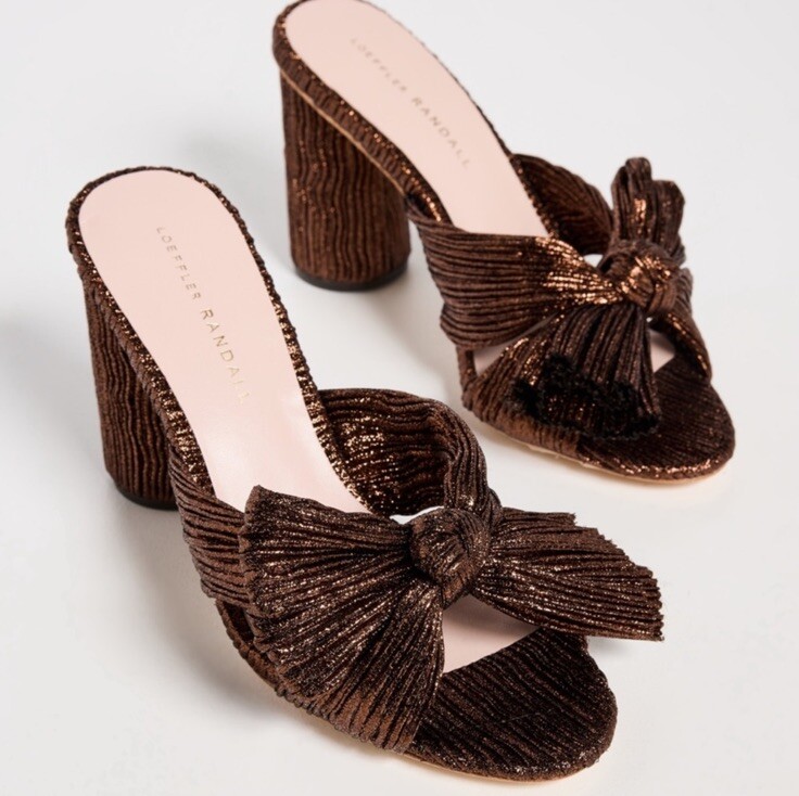 NWOB Loeffler Randall Penny Knot How Mules Sandals Heels Mocha Brown Pleated 6.5