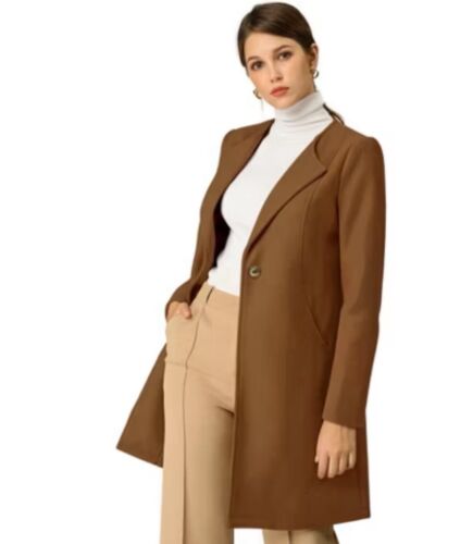 Allegra K Womens Small Coat Single Breasted One Button Long Outerwear Brown