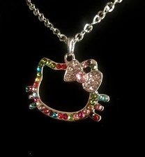 Hello Kitty necklace Pink Bow Radium Plated Reflective Crystals Rhinestones
