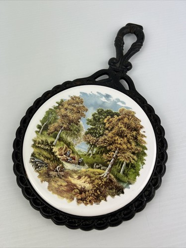 Tile Trivet JC Hunnik Painted Country River Scene Vintage Wrought Iron Pot Stand