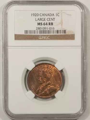 CANADA 1920 LARGE CENT, KM-21 - NGC MS-64 RB
