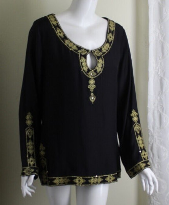 Boston Proper Sz M Exquisite 100% Silk Black Liquid Gold Trim Blouse Shirt Top