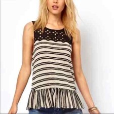 Free People Molly Retro Black Beige Striped Sleeveless Ruffle Hemline Sz M NWOT