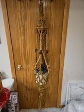 Vintage Jute Macrame Plant Hanger,Wood Beads, Handmade, 70s Boho 60” L