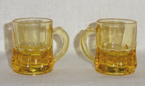 2 Vintage Federal Shot Glasses ~ Amber/Yellow Mini Beer Mug ~ Jigger Barware