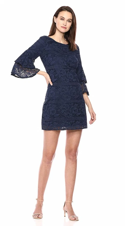 Eliza J 161404 Women's Lace Bell Sleeve Shift Dress Cotton Blend Navy Sz. 2 - Image 2 of 3