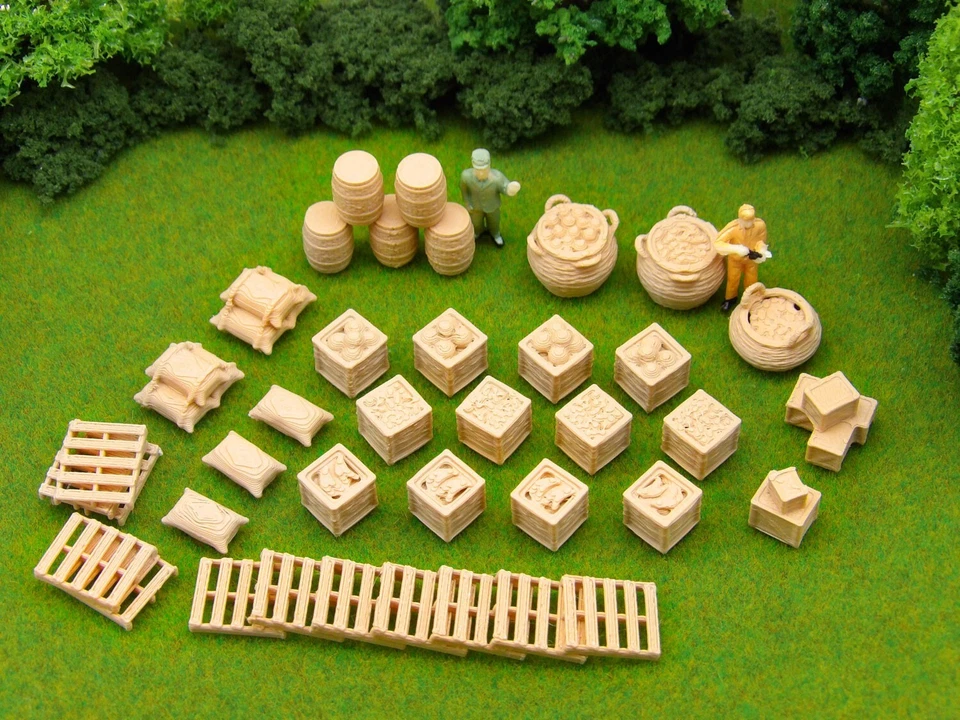 39 Piece HO Scale Market Supplies - Detailed 3D Model Railroad Train Scenery - Image 2 of 4