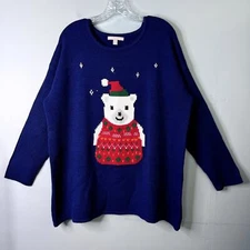 Woman Within Holiday Polar Bear Christmas Navy Blue Sweater Woman's Plus 18/20