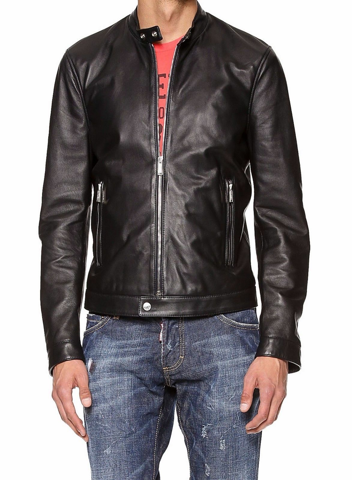 Men Retro Black Biker Jacket Genuine Lambskin Leather Casual Motorcycle Coat