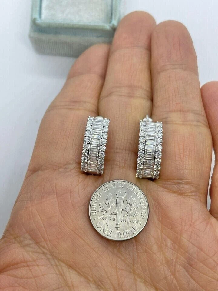 2.10Ct Baguette Cut Real Moissanite Huggie Hoop Earrings 14K White Gold Plated - Image 4 of 4