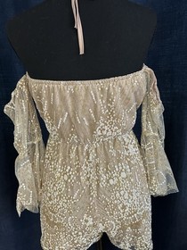 Fairy Core Gold Sparkle Ruffled Long Flared Sleeve Super Short Romper Sz  6