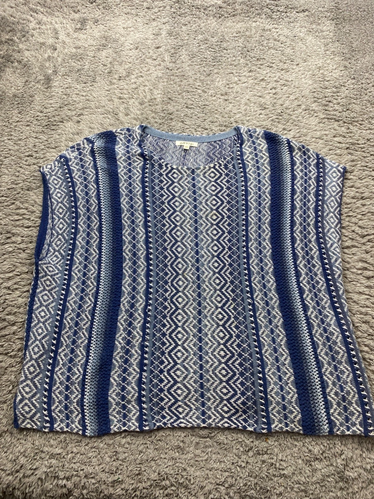 Orvis Sweater Women Small Blue Linen Fair Isle Southwest Aztec Knit Poncho Vest