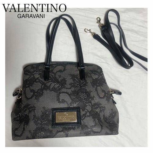 Valentino Garavani Lace Flower Print Bag Black Leather Shoulder Handbag Japan