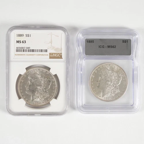 1885 MS62 ICG, 1889 MS63 NGC Morgan Dollars $1 31431