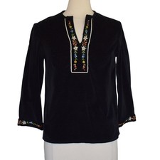 Vintage 70s Embroidered Black Velvet Blouse, Floral Embroidery, Boho, Size Small
