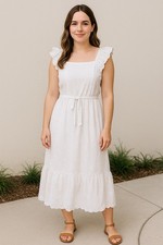 Gap Women’s White Eyelet Midi Dress Size M – Ruffle Sleeve Belted Summer Boho