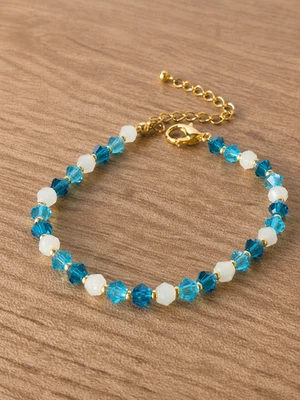 Bracelet femme perles toupie facettées bleu turquoise blanc réglable fait main d - Photo 1/2